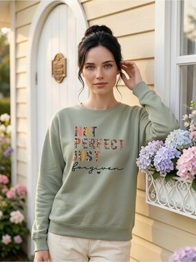 Sage Green Graphic Crewneck Sweatshirt - Forgiven Message